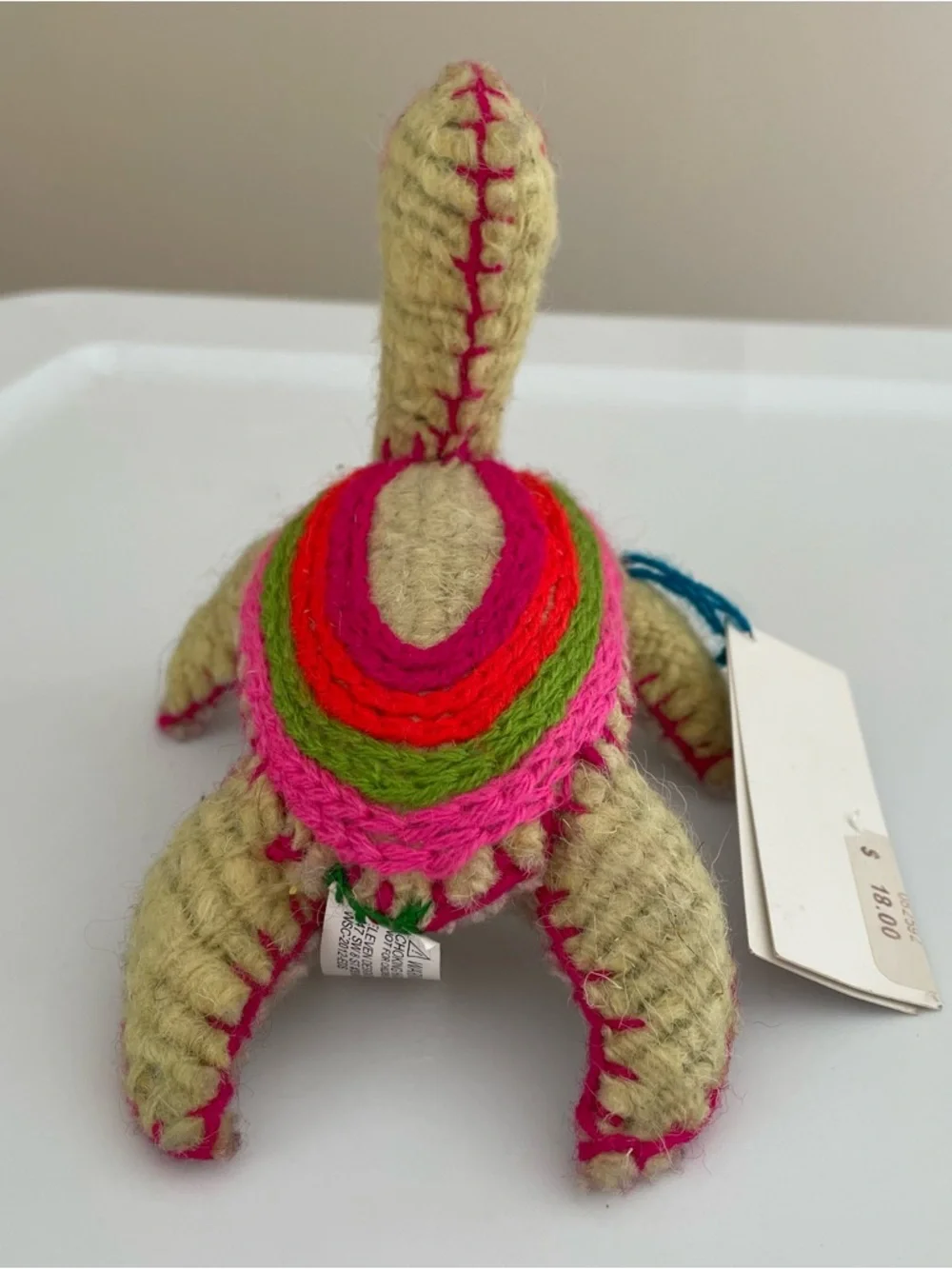 Twoolies Handcrafted Turtle Plush in Natural with Pink and Green Accents Wool